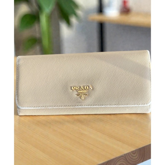 Prada Beige Saffiano Leather Long Wallet Gold Logo Snap Flap w/ Auth Card